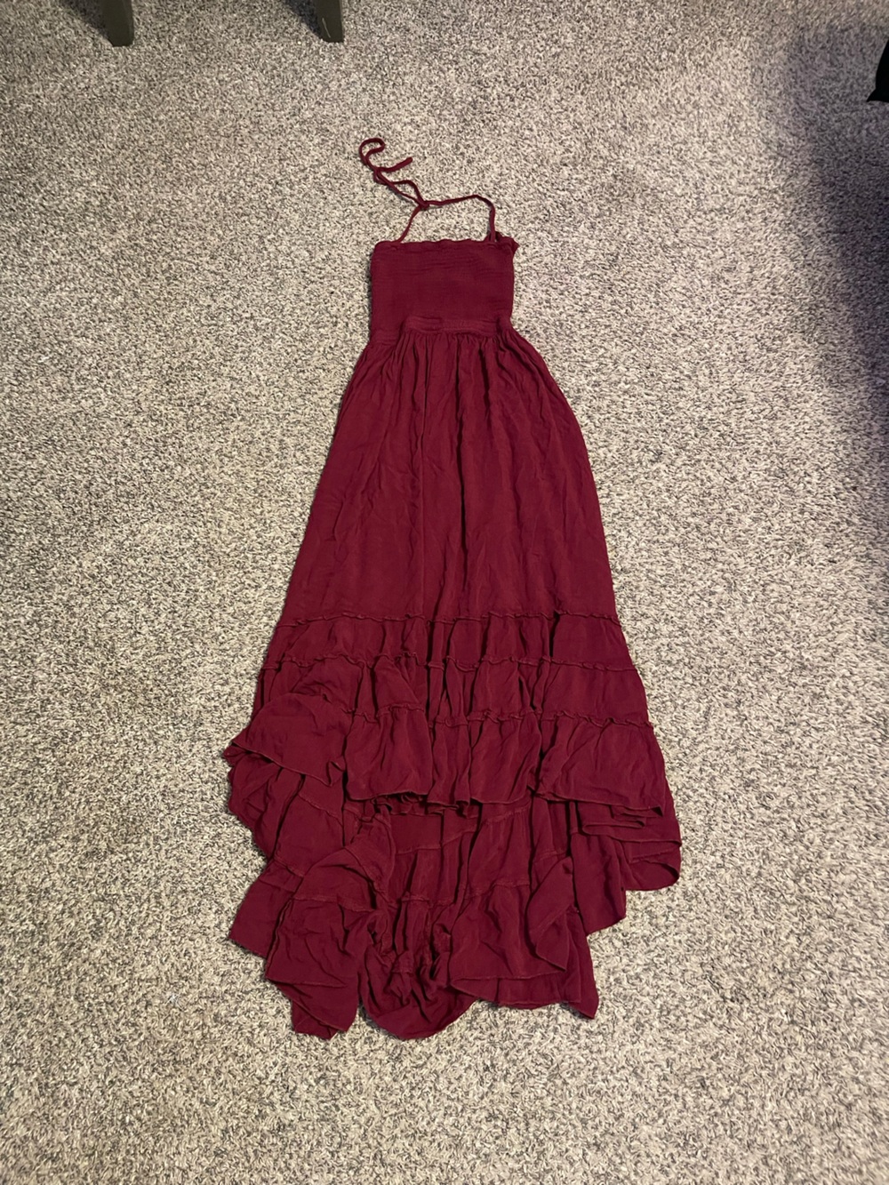 Wine Red Ruffled Maxi Skirt high low boho dress. Open back halter